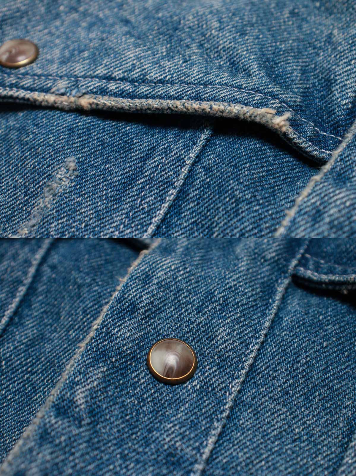 フラップポケットとメタル製菊花ボタンのディテール特写
