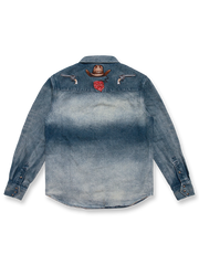 バウンティハンター刺繍入りデニムシャツ、正面と背面の全体図