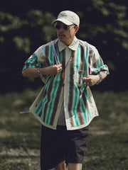 茶 緑色 ストライプ シャツ