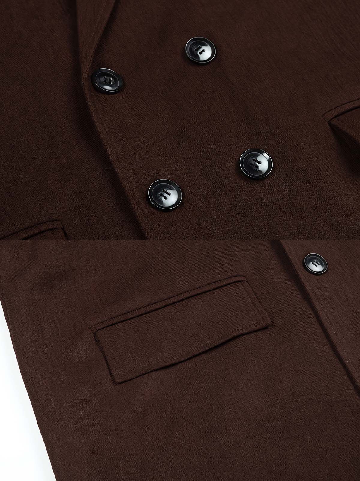 製品画像
ダークブラウンのアーバン機能テーラードジャケット正面デザイン。クラシックなダブルブレスト仕様に加え、袖部分の「シャークプリーツ」加工が独特の立体感を生み出し、洗練された都会的なスタイルを演出。微細な伸縮性を持つポリエステル混紡素材が快適な着心地を提供し、ビジネスからカジュアルまで幅広く活躍

詳細画像
袖部分に施された「シャークプリーツ」ディテールとダブルブレストのボタン、さらにサイドポケットの丁寧な仕上げが際立つ特写。クラシックなテーラードスタイルとモダンなデザインの融合が特徴で、動きやすさと耐久性を兼ね備えたディテールが魅力的。控えめなノッチドラペルが全体のバランスを引き締め、高級感を引き立てる