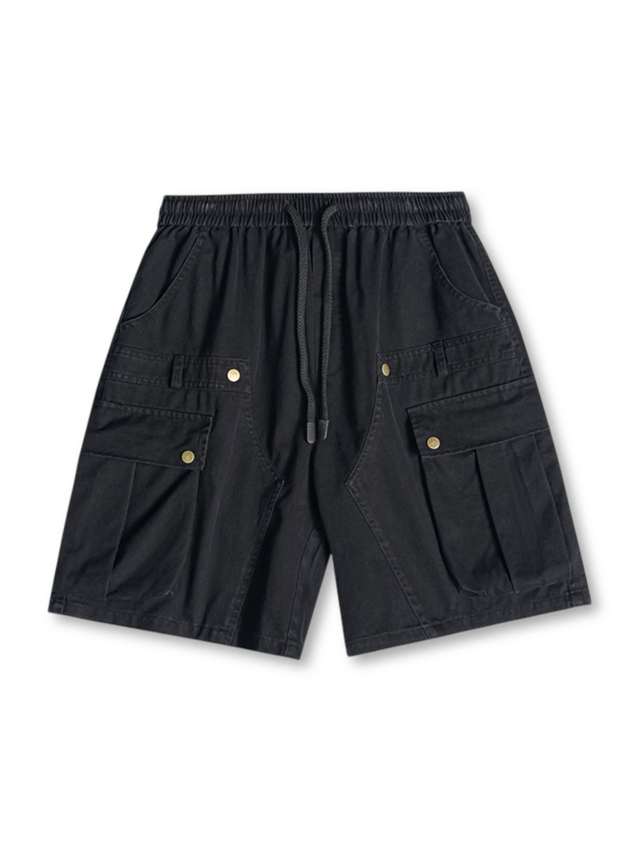 グレーの石磨きワークショーツ、側面と前面に大きなカーゴポケット、ドローコード付きゴムウエスト