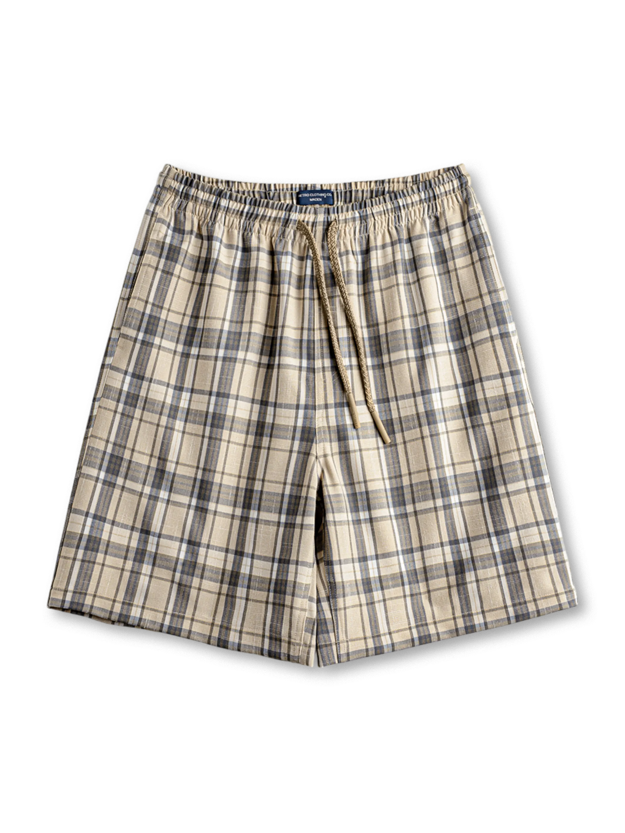 タータンチェック柄とドローストリングが特徴のワイドショーツ前面全体
