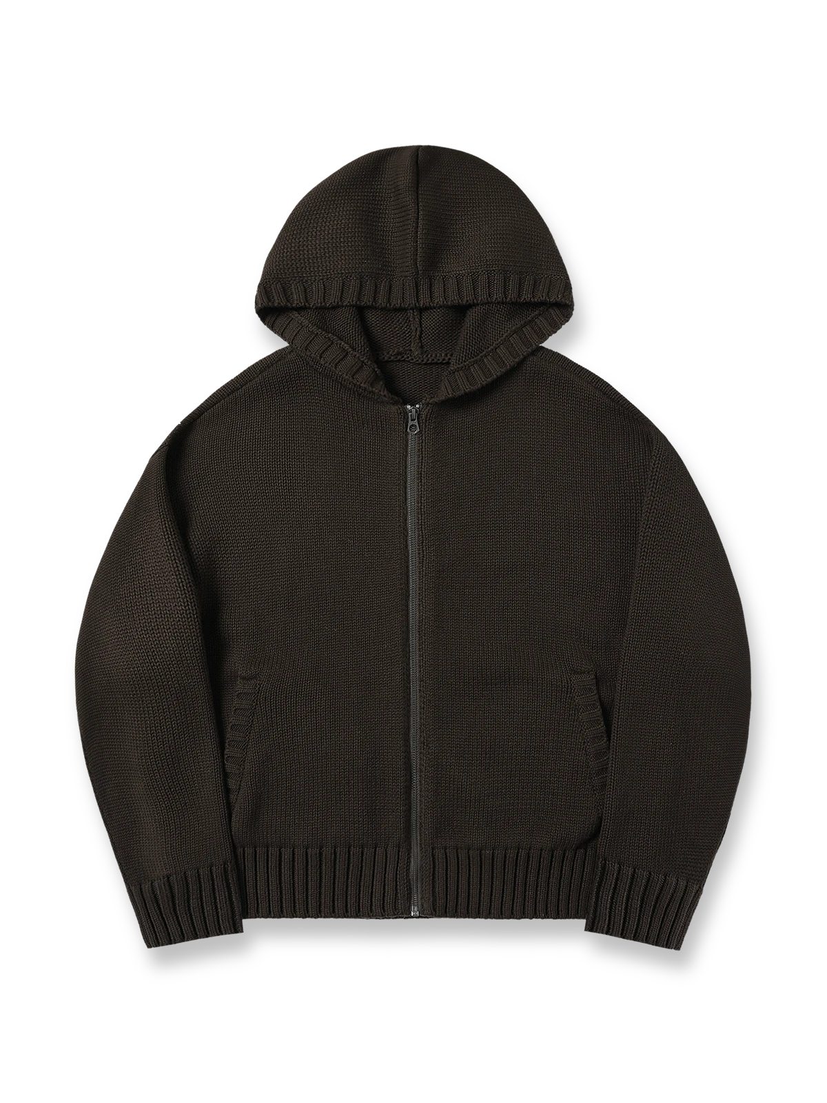 製品画像: 6色展開のフード付きケーブル編みニットカーディガンの全体展示。レトロなケーブル編みとルーズシルエットが特徴的なカジュアルなデザイン。

詳細画像: ケーブル編みディテールとマットシルバージッパーの特写。細部の編み模様とジッパーが際立つ画像。