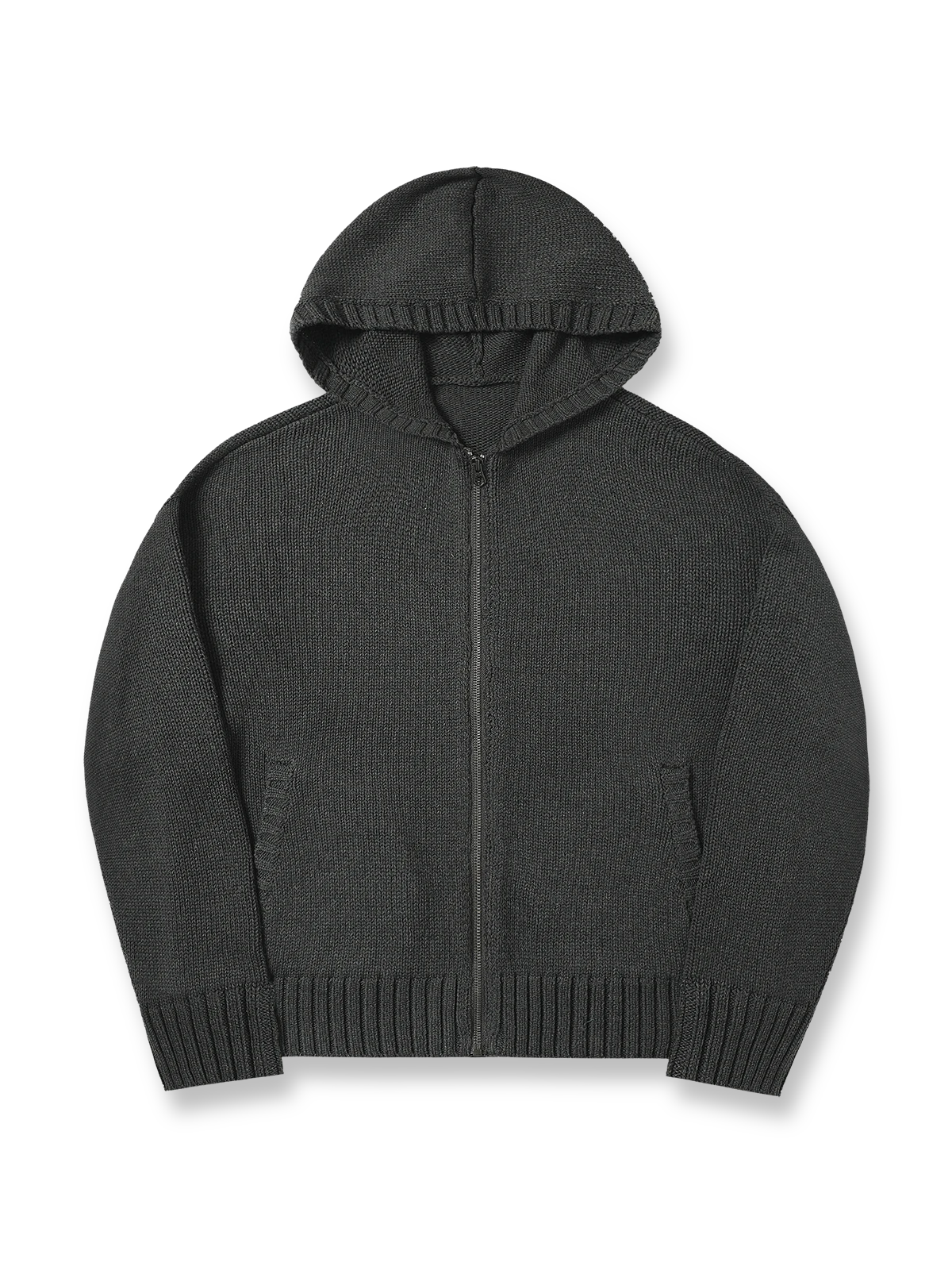 製品画像: 6色展開のフード付きケーブル編みニットカーディガンの全体展示。レトロなケーブル編みとルーズシルエットが特徴的なカジュアルなデザイン。

詳細画像: ケーブル編みディテールとマットシルバージッパーの特写。細部の編み模様とジッパーが際立つ画像。