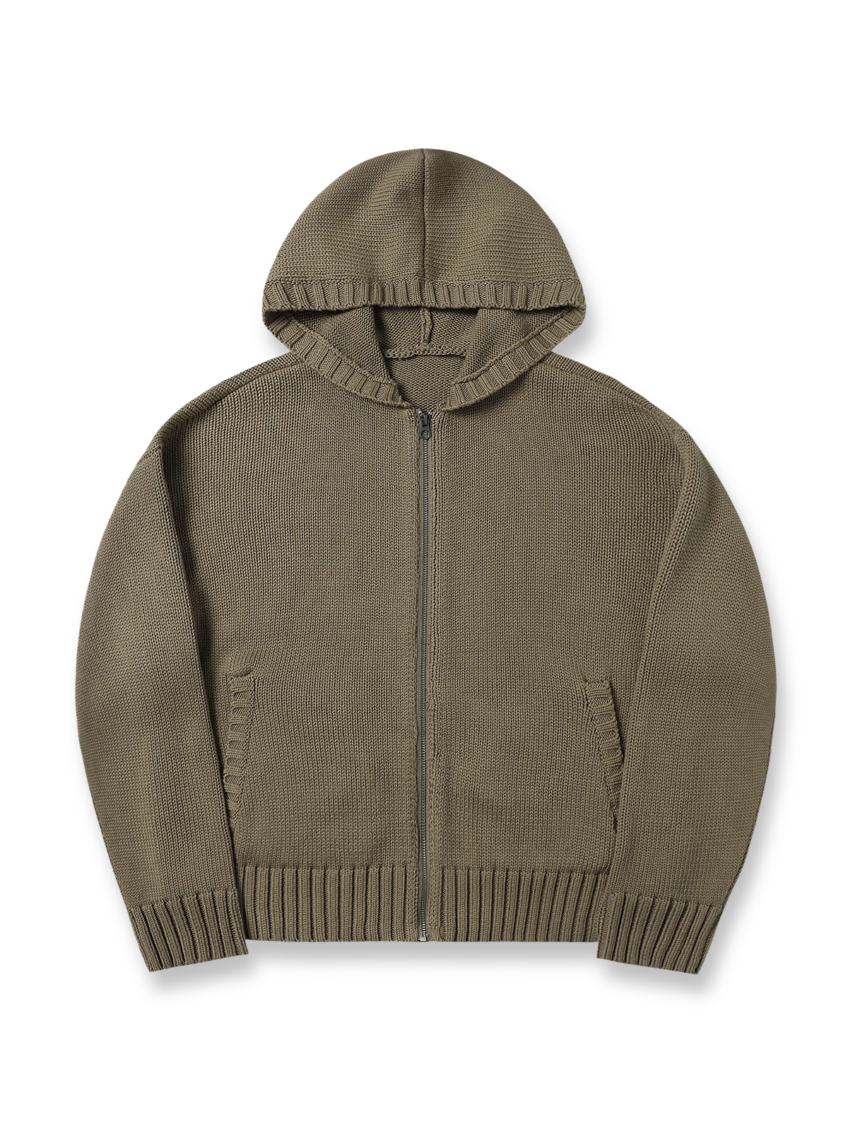 製品画像: 6色展開のフード付きケーブル編みニットカーディガンの全体展示。レトロなケーブル編みとルーズシルエットが特徴的なカジュアルなデザイン。

詳細画像: ケーブル編みディテールとマットシルバージッパーの特写。細部の編み模様とジッパーが際立つ画像。