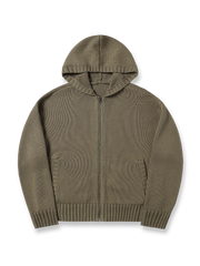 製品画像: 6色展開のフード付きケーブル編みニットカーディガンの全体展示。レトロなケーブル編みとルーズシルエットが特徴的なカジュアルなデザイン。

詳細画像: ケーブル編みディテールとマットシルバージッパーの特写。細部の編み模様とジッパーが際立つ画像。