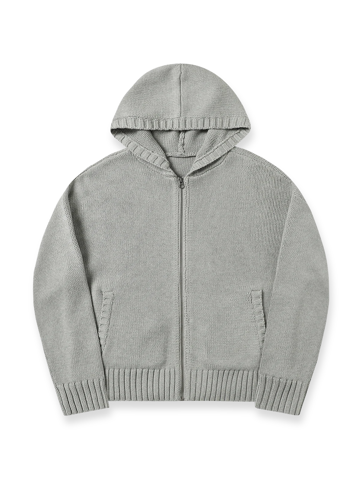 製品画像: 6色展開のフード付きケーブル編みニットカーディガンの全体展示。レトロなケーブル編みとルーズシルエットが特徴的なカジュアルなデザイン。

詳細画像: ケーブル編みディテールとマットシルバージッパーの特写。細部の編み模様とジッパーが際立つ画像。