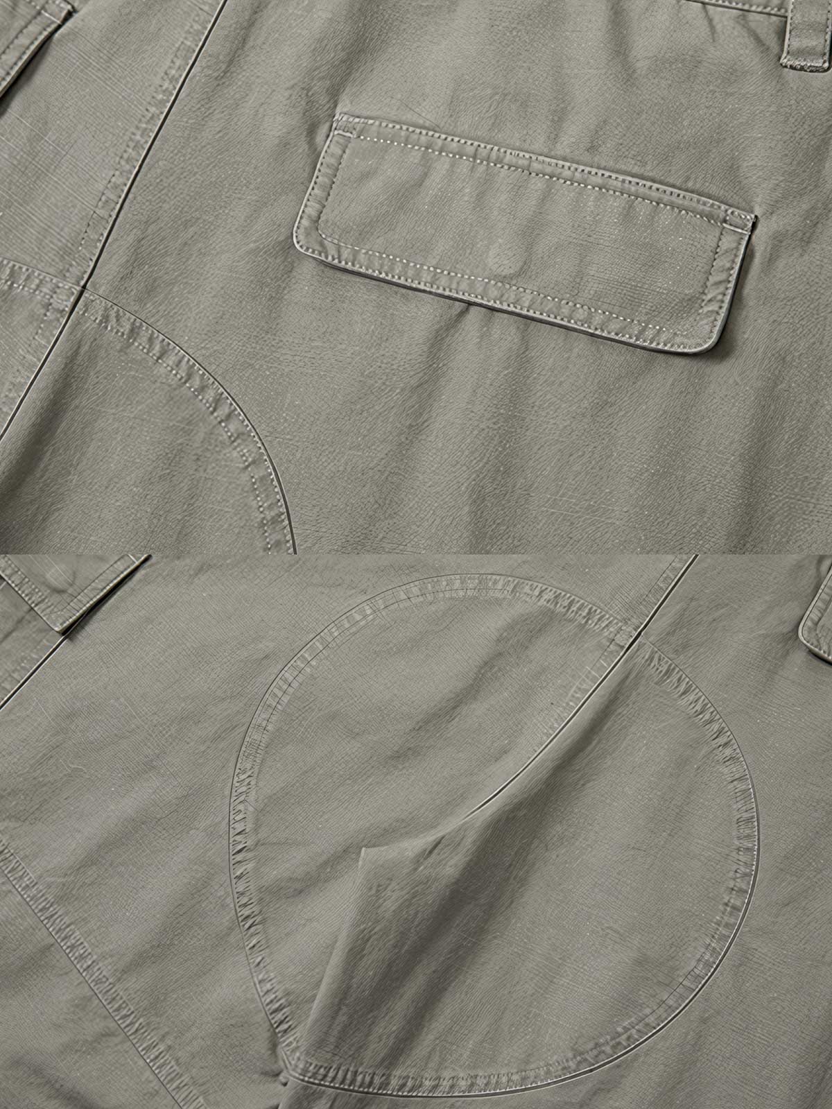 製品画像: 日本製コットンの重厚ウォッシュ加工 四つポケット付き ストレート ワークパンツ 全体展示。クラシックでレトロなデザインが特徴。
詳細画像: 四つポケットのディテールとウォッシュ加工の質感を強調したクローズアップ画像。