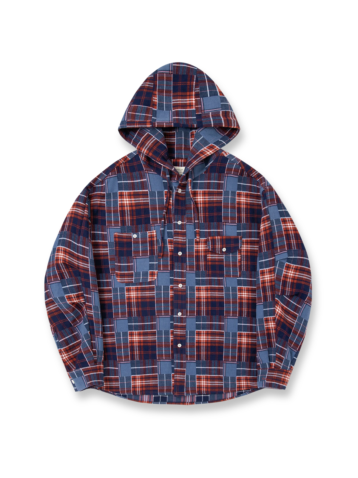 製品画像: ジャパニーズテイストの色織り レトロチェック柄 フーディーシャツジャケットの正面展示
詳細画像: 赤と青のチェック柄のディテールとフードデザイン