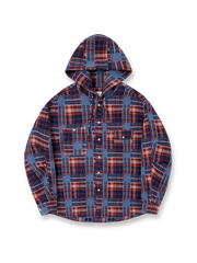 製品画像: ジャパニーズテイストの色織り レトロチェック柄 フーディーシャツジャケットの正面展示
詳細画像: 赤と青のチェック柄のディテールとフードデザイン