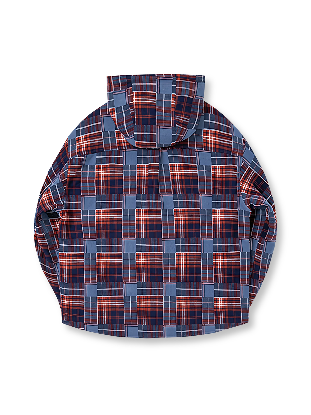 製品画像: ジャパニーズテイストの色織り レトロチェック柄 フーディーシャツジャケットの正面展示
詳細画像: 赤と青のチェック柄のディテールとフードデザイン