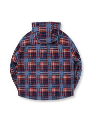 製品画像: ジャパニーズテイストの色織り レトロチェック柄 フーディーシャツジャケットの正面展示
詳細画像: 赤と青のチェック柄のディテールとフードデザイン