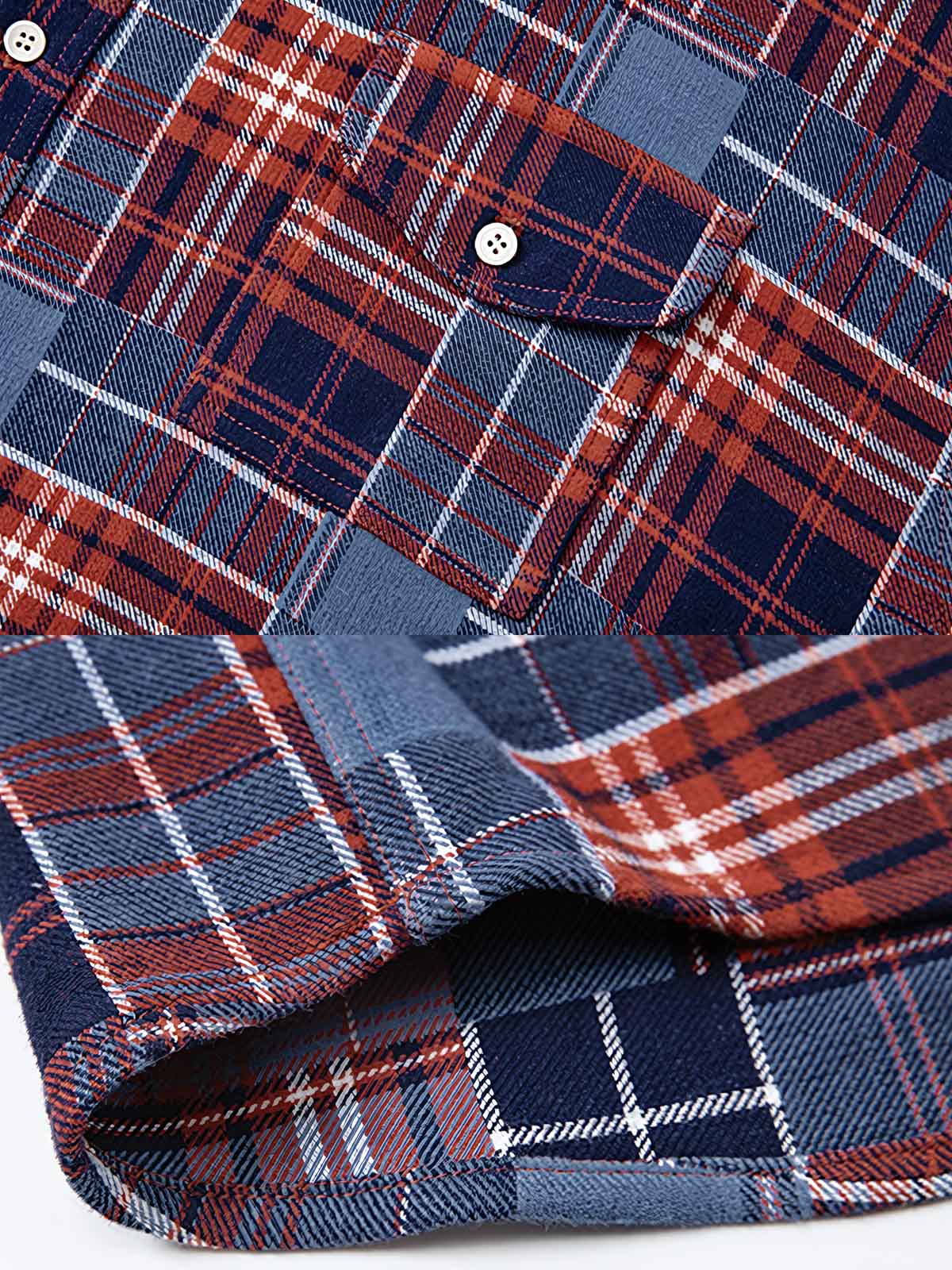 製品画像: ジャパニーズテイストの色織り レトロチェック柄 フーディーシャツジャケットの正面展示
詳細画像: 赤と青のチェック柄のディテールとフードデザイン