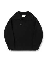 製品画像: ジャパニーズテイストの重厚な海島コットン大きめ襟付きセーラーニットの正面展示。秋冬に最適なクラシックスタイル。
詳細画像: 粗い編み目と二色使いの大きめ襟のディテール展示。ヴィンテージ感が際立つデザイン。