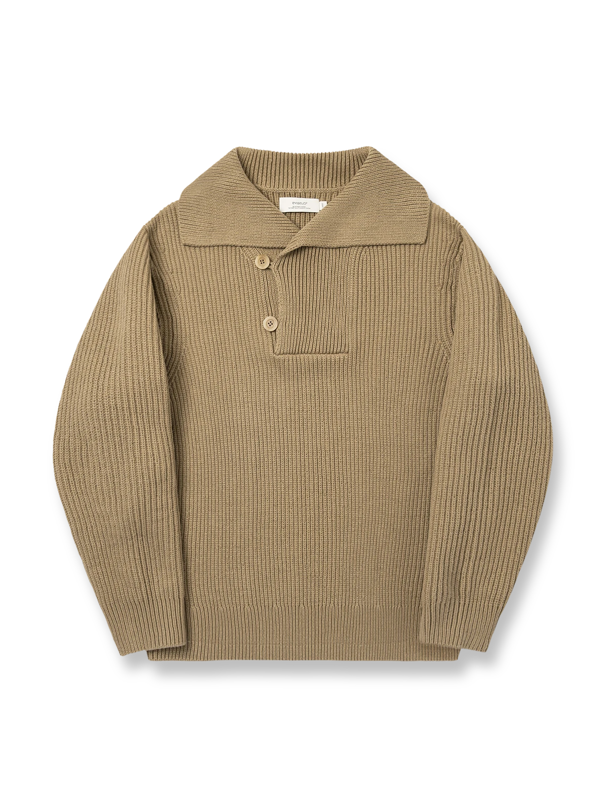 製品画像: ジャパニーズテイストの重厚な海島コットン大きめ襟付きセーラーニットの正面展示。秋冬に最適なクラシックスタイル。
詳細画像: 粗い編み目と二色使いの大きめ襟のディテール展示。ヴィンテージ感が際立つデザイン。