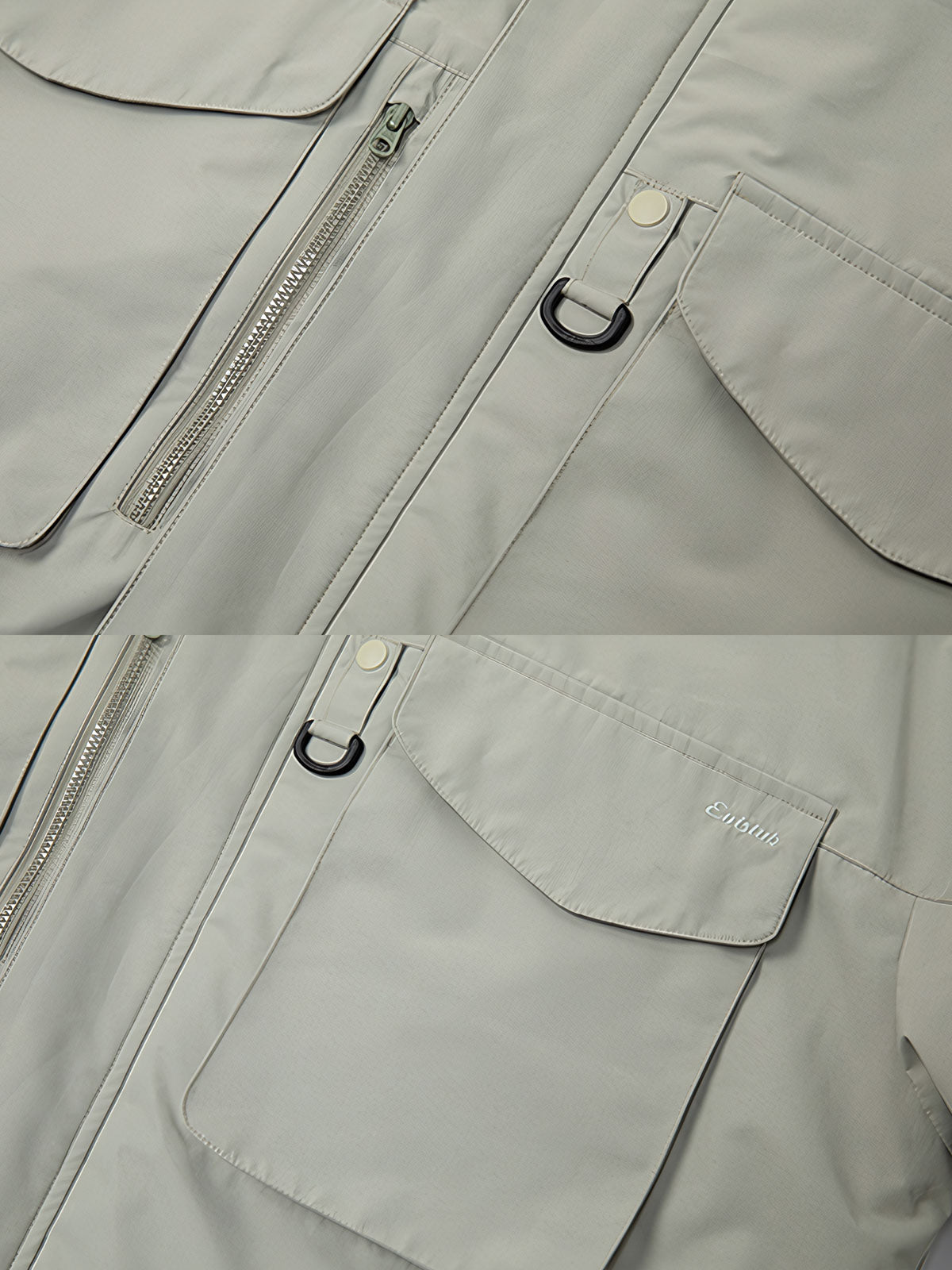 製品画像: アウトドアワークシェルジャケット全体展示 - 冬の防寒に最適な多機能シェルジャケット。
詳細画像: フロントの大きなポケットと背面ジップポケットのディテール展示 - 実用的な収納スペースが魅力。