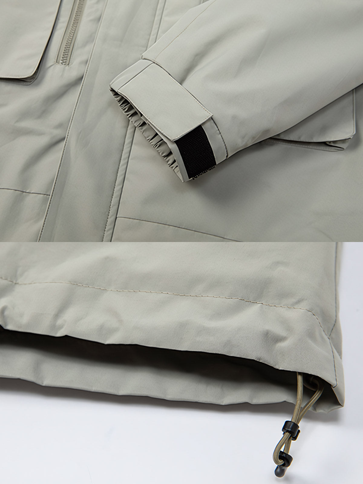 製品画像: アウトドアワークシェルジャケット全体展示 - 冬の防寒に最適な多機能シェルジャケット。
詳細画像: フロントの大きなポケットと背面ジップポケットのディテール展示 - 実用的な収納スペースが魅力。