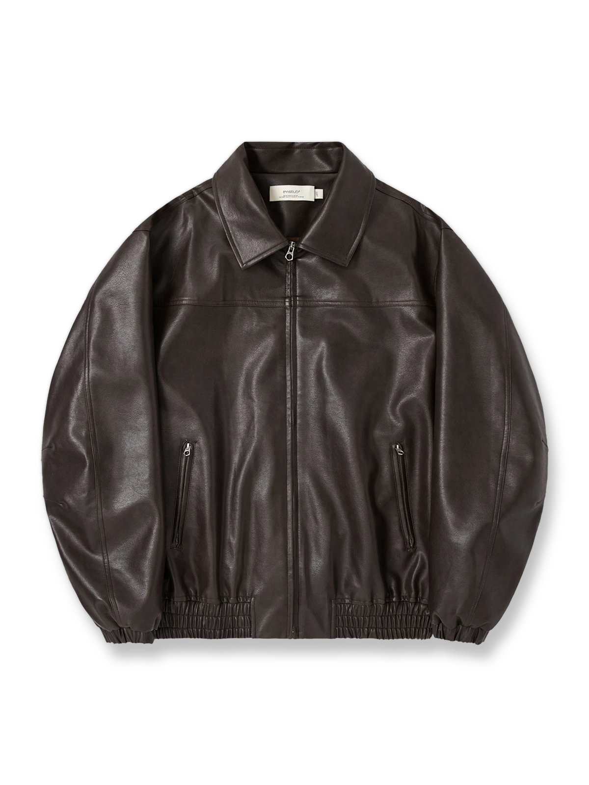 製品画像: アメカジ風 ワイドシルエット PUレザージャケット 秋冬用 ユニセックスの正面展示
詳細画像: ダブルジップポケットとゴム入り裾のディテール