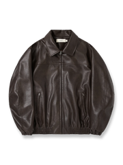 製品画像: アメカジ風 ワイドシルエット PUレザージャケット 秋冬用 ユニセックスの正面展示
詳細画像: ダブルジップポケットとゴム入り裾のディテール