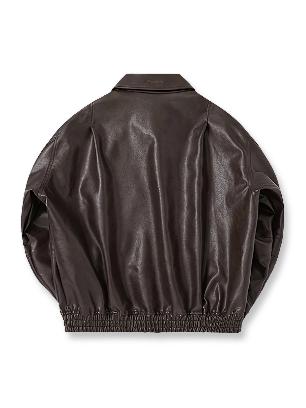 製品画像: アメカジ風 ワイドシルエット PUレザージャケット 秋冬用 ユニセックスの正面展示
詳細画像: ダブルジップポケットとゴム入り裾のディテール