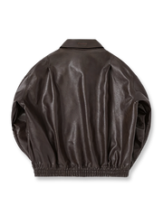 製品画像: アメカジ風 ワイドシルエット PUレザージャケット 秋冬用 ユニセックスの正面展示
詳細画像: ダブルジップポケットとゴム入り裾のディテール