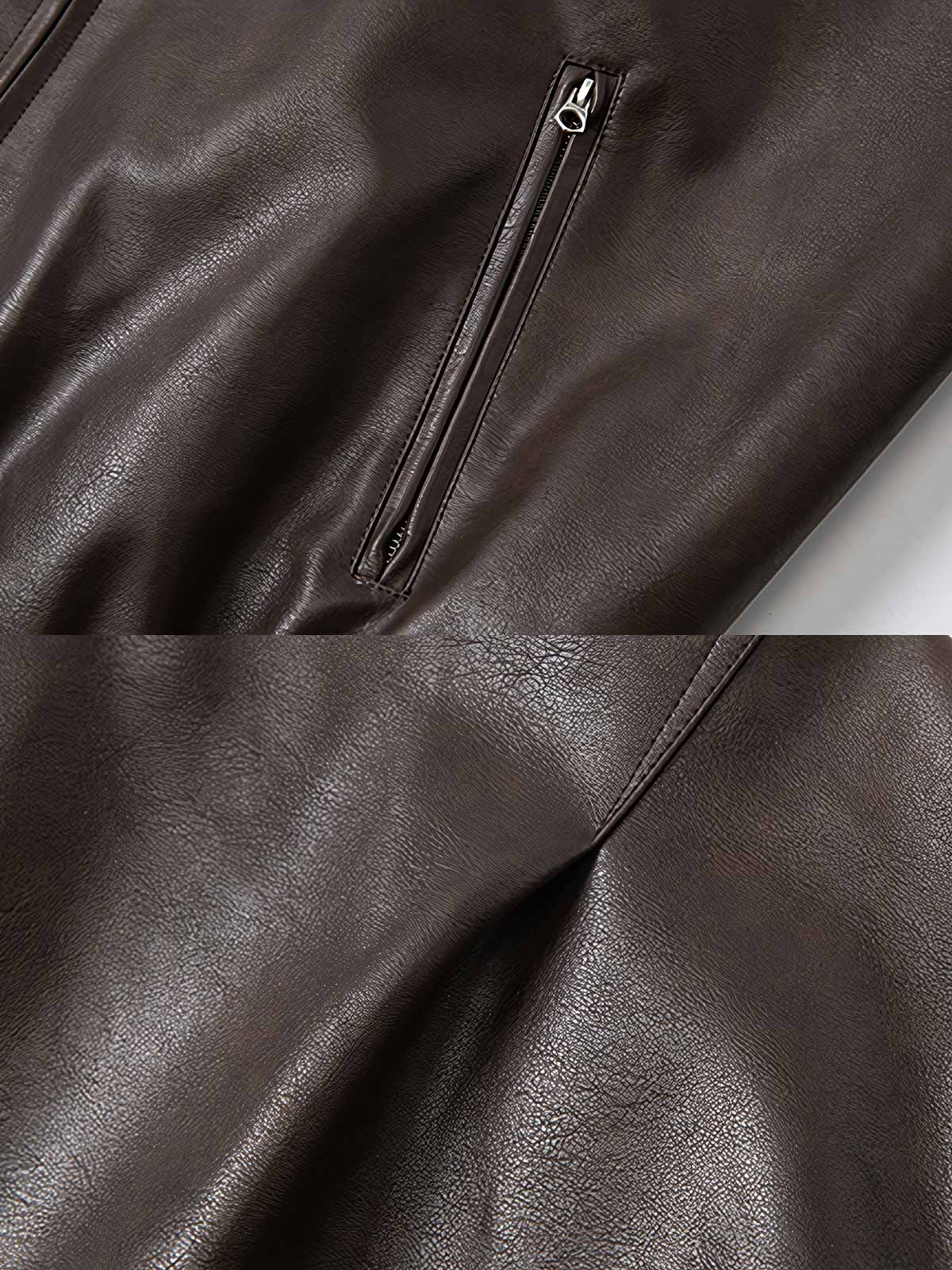 製品画像: アメカジ風 ワイドシルエット PUレザージャケット 秋冬用 ユニセックスの正面展示
詳細画像: ダブルジップポケットとゴム入り裾のディテール