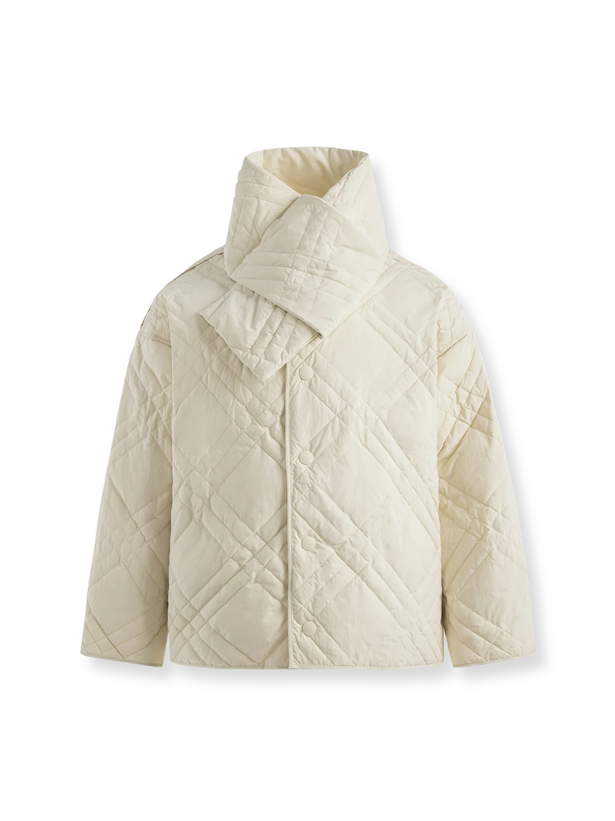 製品画像: ホワイトダックダウンのダイヤキルティングダウンジャケット正面展示 - 冬の必須アイテム、撥水加工と保温性を兼ね備え。
詳細画像: 撥水加工素材とダイヤキルティングのディテール展示 - 高い実用性を提供するデザイン。