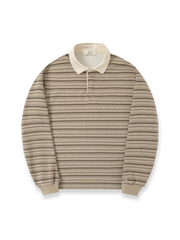 製品画像: 350Gアメカジ風ヴィンテージバイカラーストライプニットポロシャツ正面展示
詳細画像: バイカラーストライプとクラシックな襟のディテール