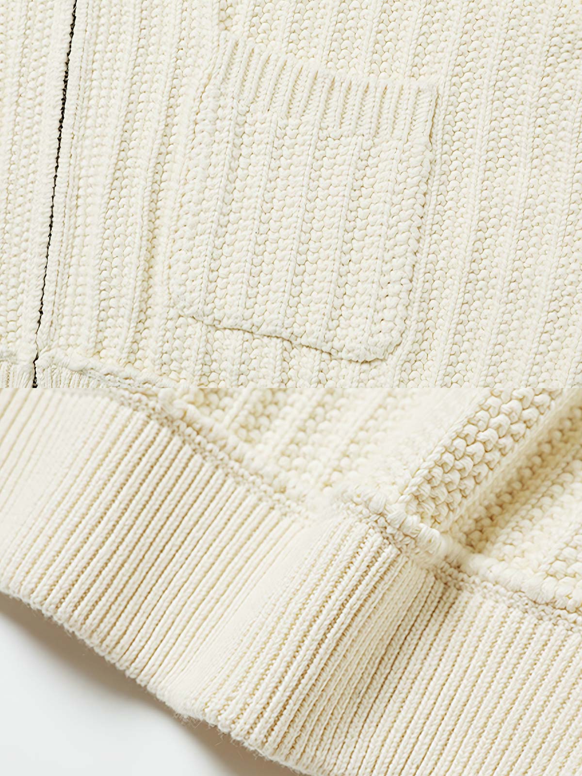 製品画像: ジャパニーズテイストの重厚なレトロケーブル編みニットカーディガンの全体展示。秋冬に最適な温かさとスタイルを兼ね備えたアイテム。
詳細画像: 太い編み目とケーブル模様のディテールを強調した展示。高品質な素材がもたらす柔軟さと安定性をアピール。