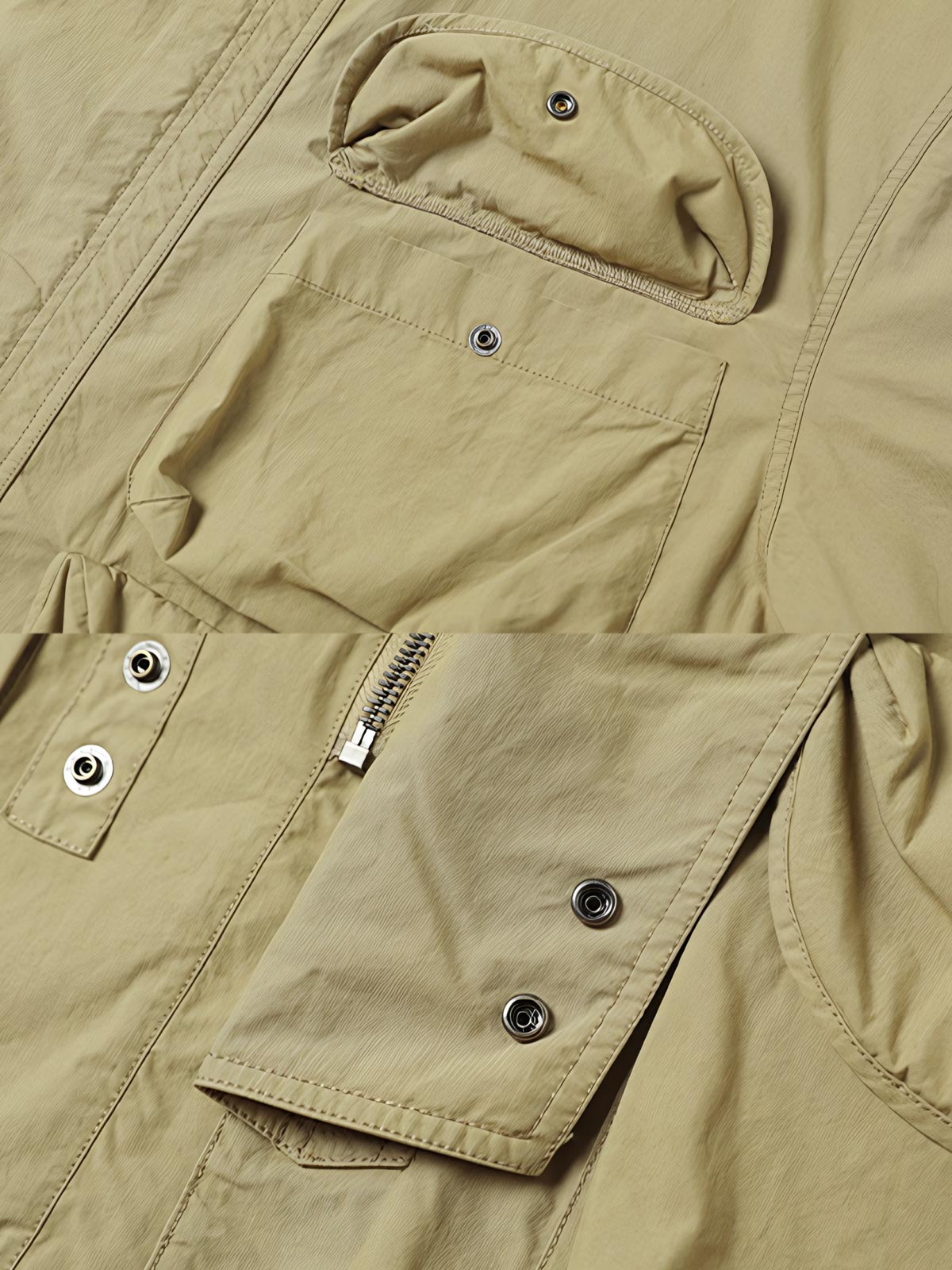 ジャケットの多ポケットデザインとディテールのクローズアップ