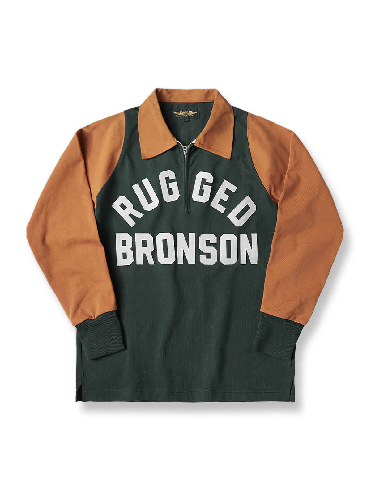 レトロモーターサイクルレース長袖Tシャツ全体像、ツートンカラーデザインとTalonジッパーを強調しています。