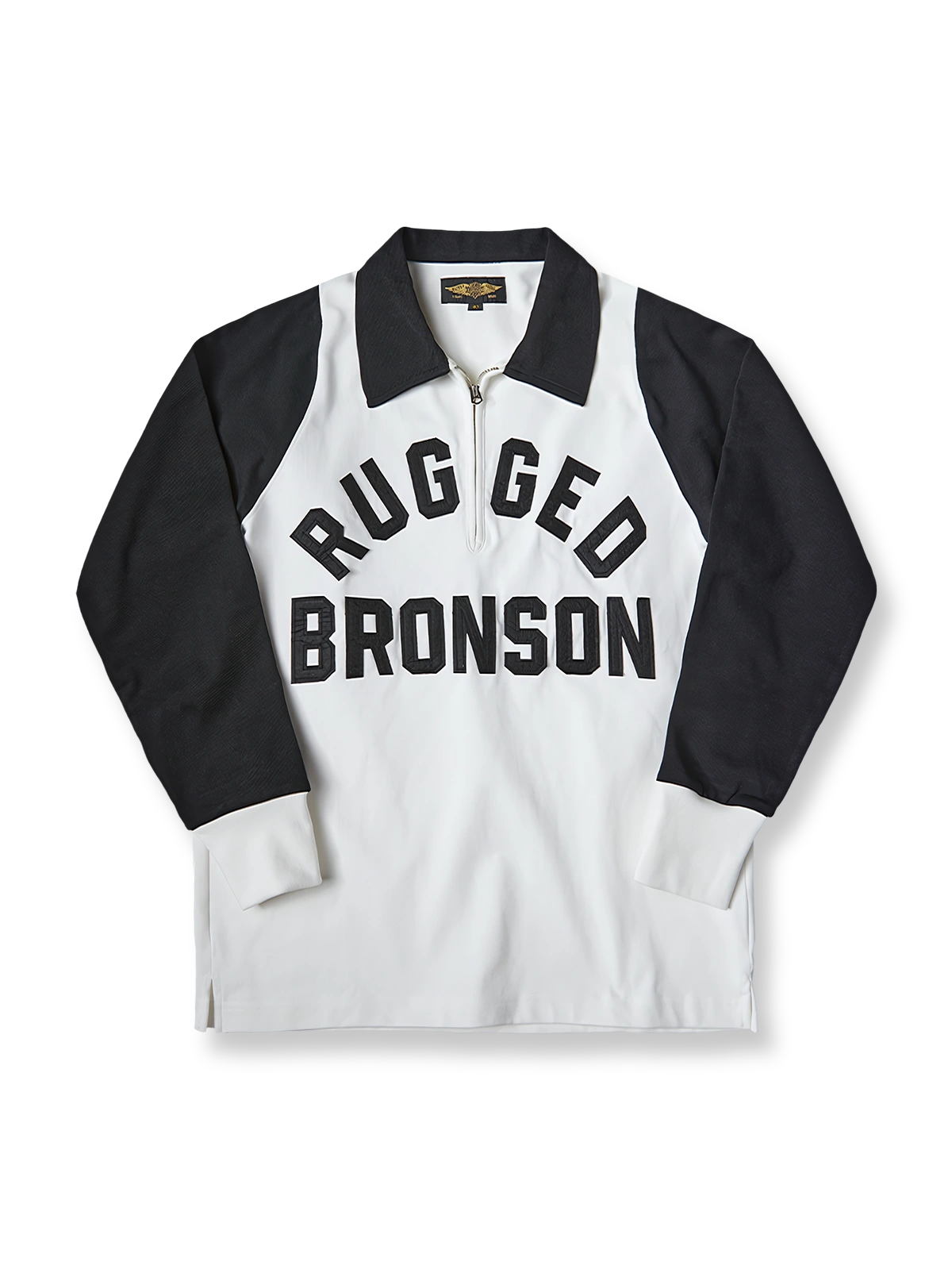 レトロモーターサイクルレース長袖Tシャツ全体像、ツートンカラーデザインとTalonジッパーを強調しています。