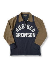 レトロモーターサイクルレース長袖Tシャツ全体像、ツートンカラーデザインとTalonジッパーを強調しています。