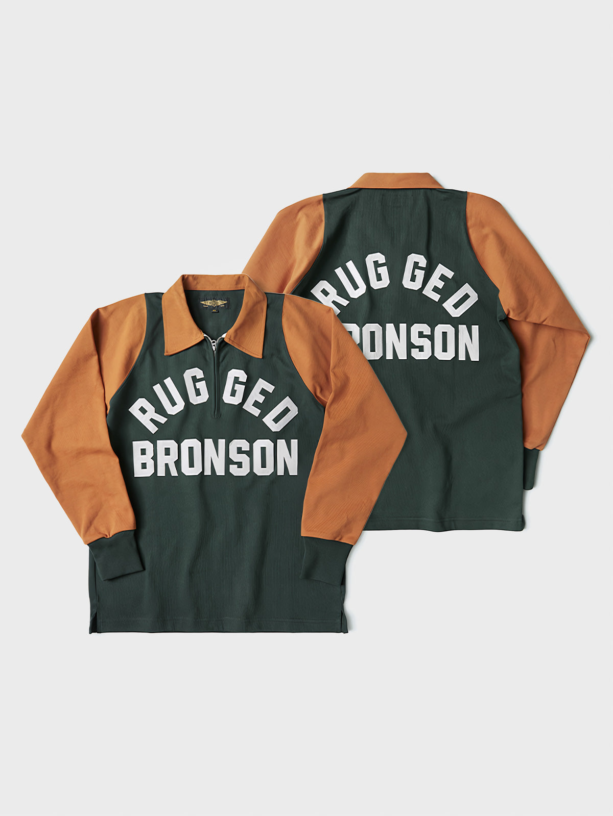 レトロモーターサイクルレース長袖Tシャツ全体像、ツートンカラーデザインとTalonジッパーを強調しています。