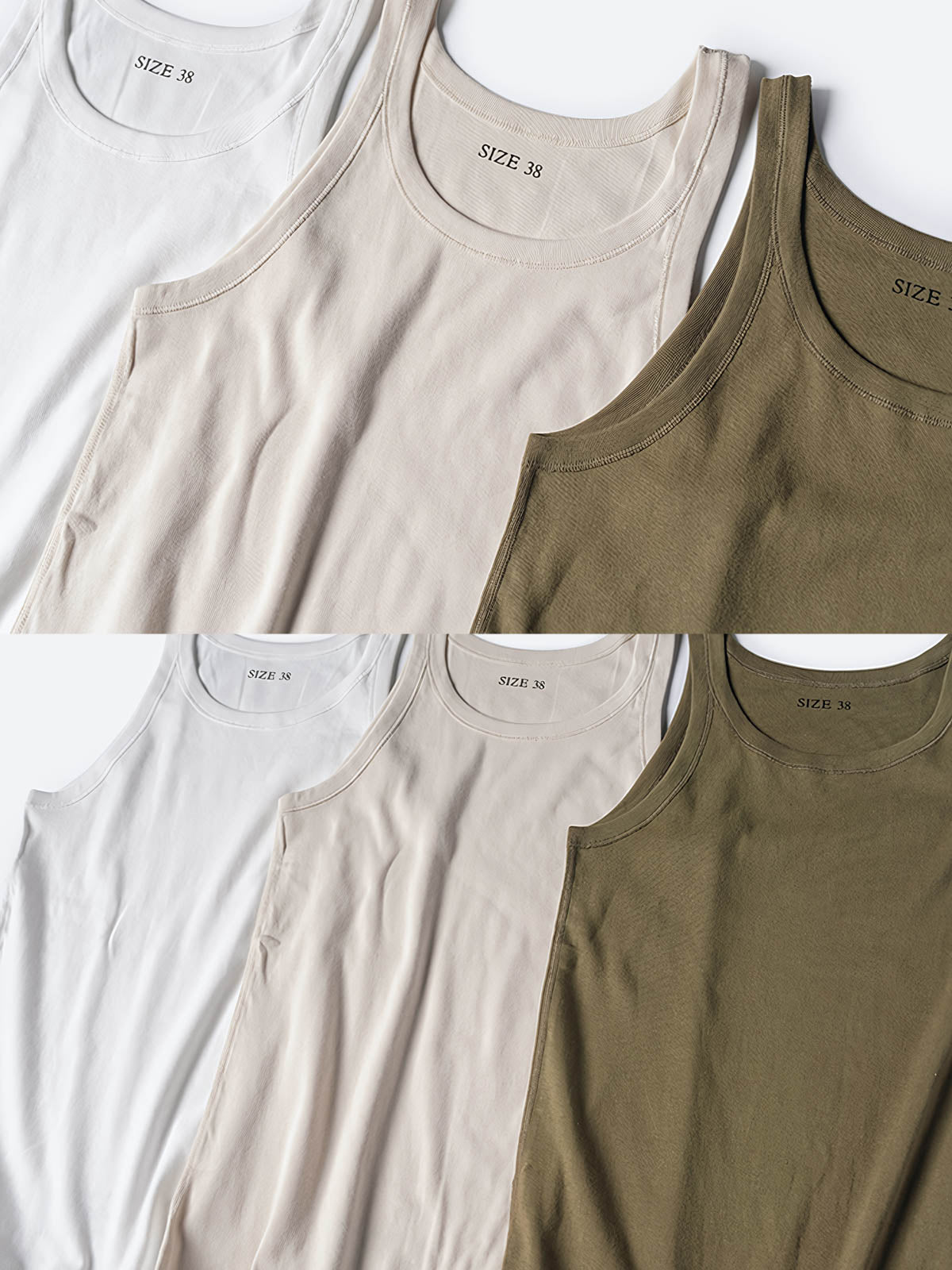 タンクトップのリブ素材のディテール、優れた伸縮性と自然なフィット感を展示。