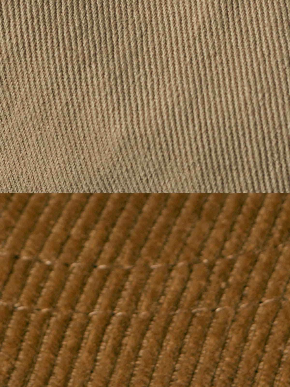 キャップのエラスティックバンド固定デザインと低彩度オレンジ色のバッジのクローズアップ。