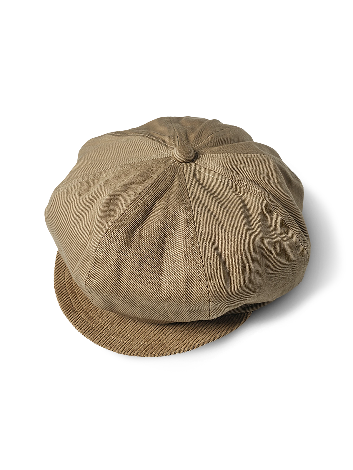 モーターサイクルクラブ カーキツイル ラウンドトップショートブリムキャップの正面全体像、カーキツイルとコーデュロイのパネルデザインを展示。