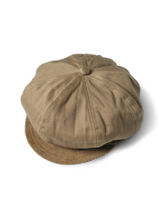 モーターサイクルクラブ カーキツイル ラウンドトップショートブリムキャップの正面全体像、カーキツイルとコーデュロイのパネルデザインを展示。