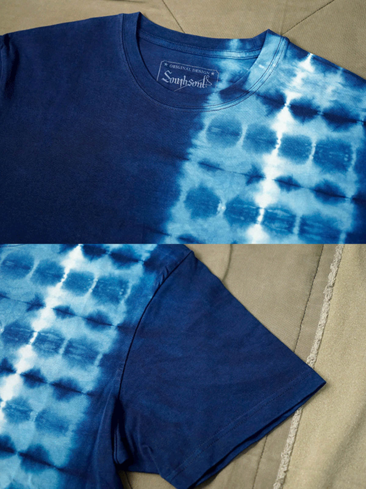 ディテールクローズアップ：手作り藍染めタイダイTシャツの生命力あふれるパターンと深い藍色、伝統的な手作り技術