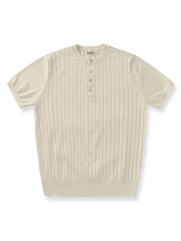 ピマコットン×メリノウール混紡のリブ編みヘンリーネックニットTシャツ