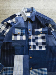 藍染め 布コンビ長袖シャツ