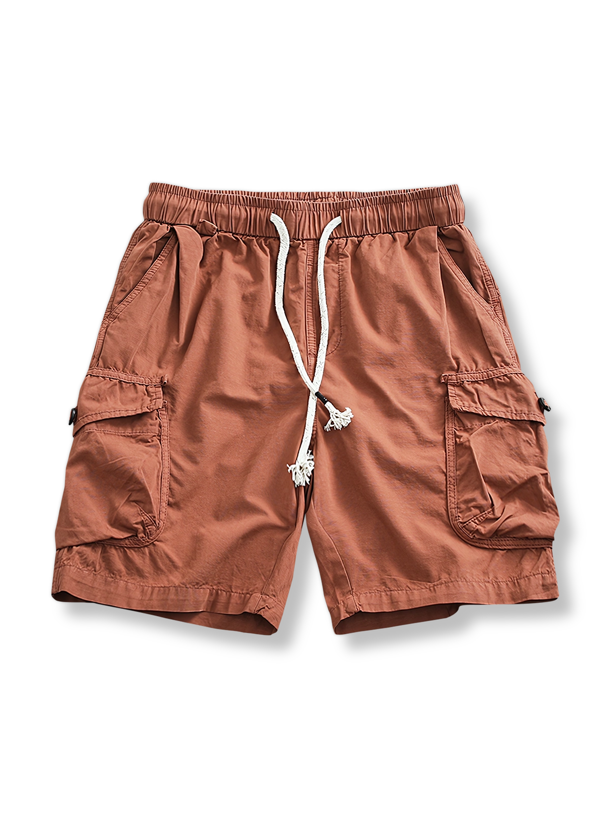 マルチポケットワークショーツの正面全体像、オレンジのスタイル。