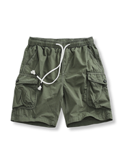 マルチポケットワークショーツの正面全体像、オレンジのスタイル。