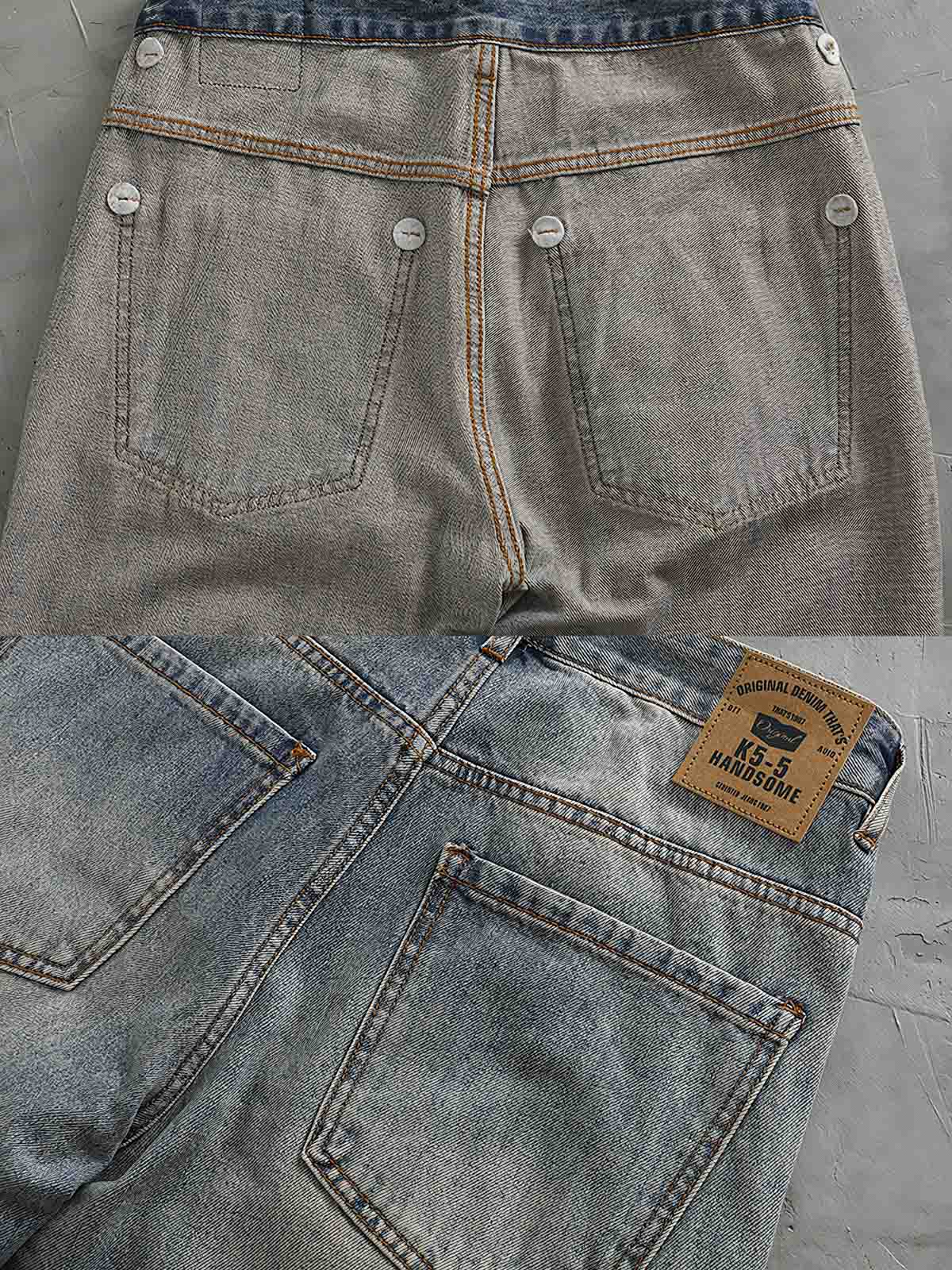 デニムパンツのダメージとパッチワークのディテール