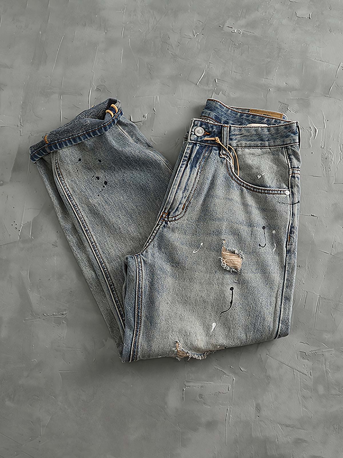 デニムパンツのダメージとパッチワークのディテール