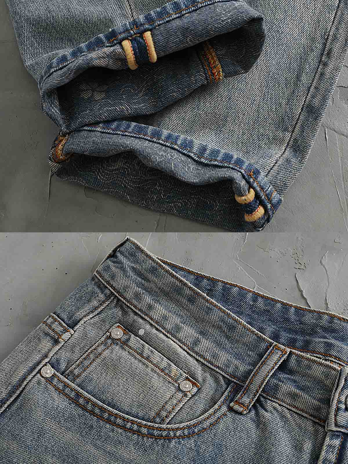 デニムパンツのダメージとパッチワークのディテール