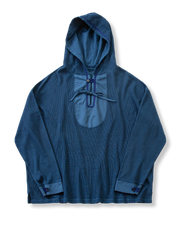 藍染ワッフルドロップショルダーフード付きパーカー