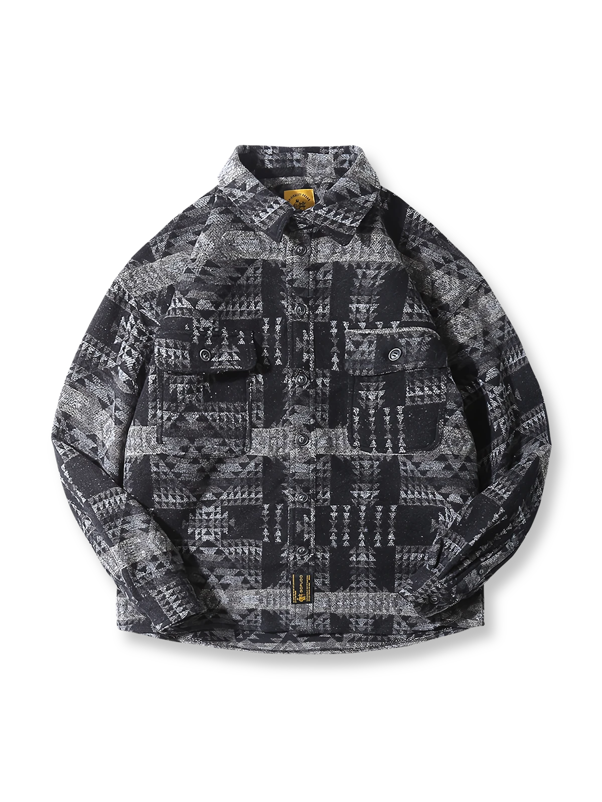 製品画像：
ナバホ族の幾何学模様が融合したウール混シャツ。暖かく快適、民族的な魅力が溢れたデザイン。秋冬にぴったりな一着。

詳細画像：
ウール混生地で耐久性と快適性を兼ね備えたナバホ柄シャツ。対称的なダブルポケットデザインが機能性を高め、レトロでアート感のある仕上がり。