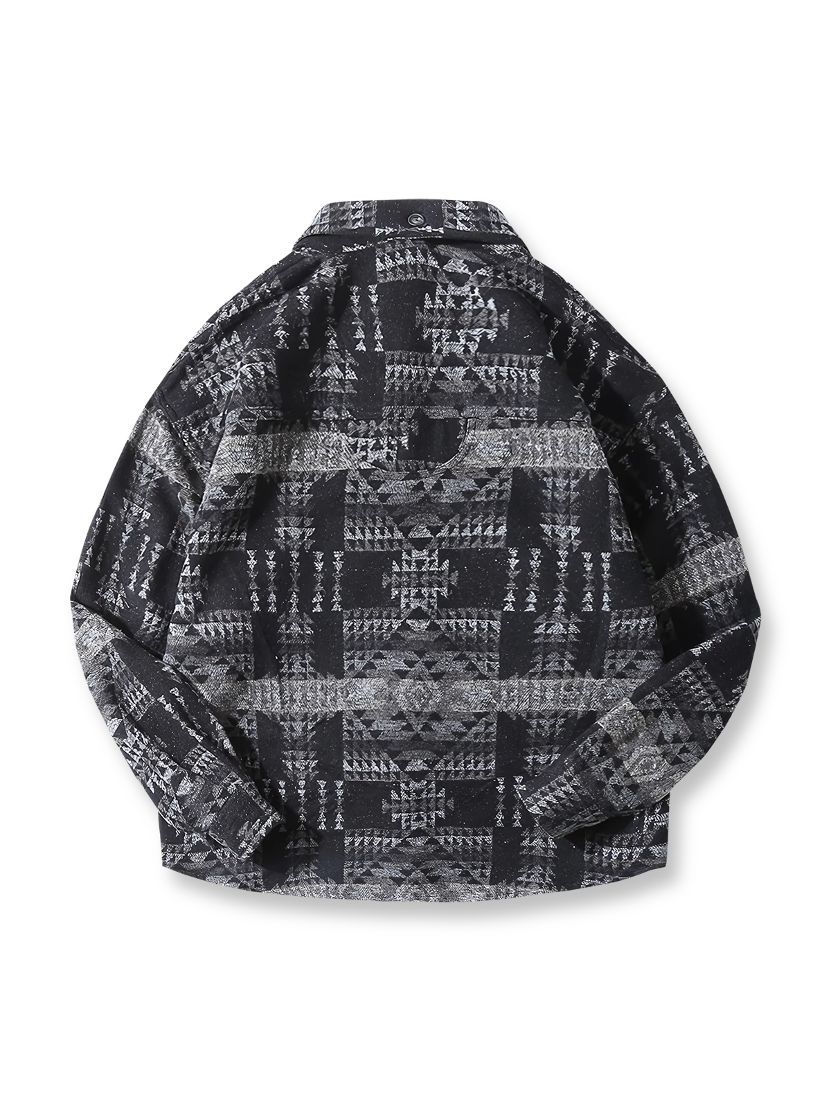 製品画像：
ナバホ族の幾何学模様が融合したウール混シャツ。暖かく快適、民族的な魅力が溢れたデザイン。秋冬にぴったりな一着。

詳細画像：
ウール混生地で耐久性と快適性を兼ね備えたナバホ柄シャツ。対称的なダブルポケットデザインが機能性を高め、レトロでアート感のある仕上がり。