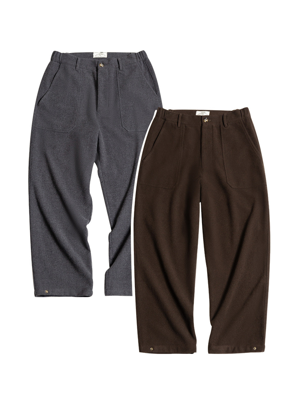 製品画像: ラシャ素材使用のヴィンテージリラックスパンツ ラシャスラックス メンズ 冬 正面画像
詳細画像: ウエストゴム仕様とスナップボタン付き裾のディテールアップ画像